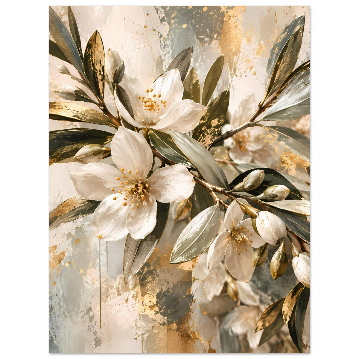 Wandbild mit weißen Blüten, goldenen Sprenkeln und grünen Blättern, Hochformat