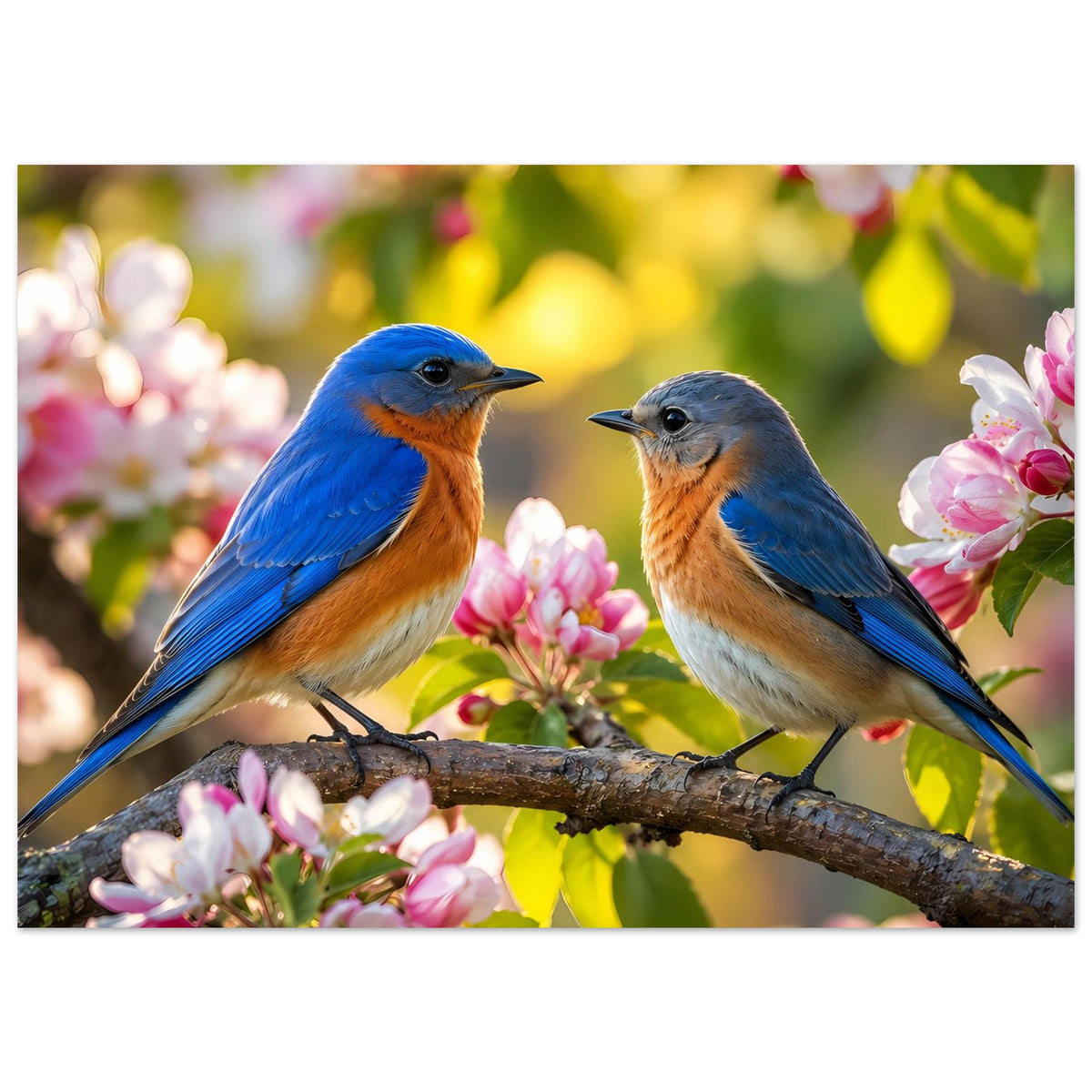 Poster: zwei blaue Singvögel auf Ast mit rosa Blüten