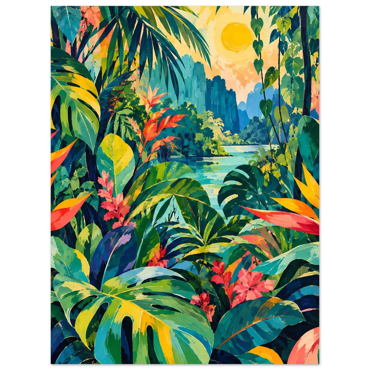 Vertikales Tropen-Jungle-Poster mit bunten Palmenblättern, Sonne und Fluss, gerahmt