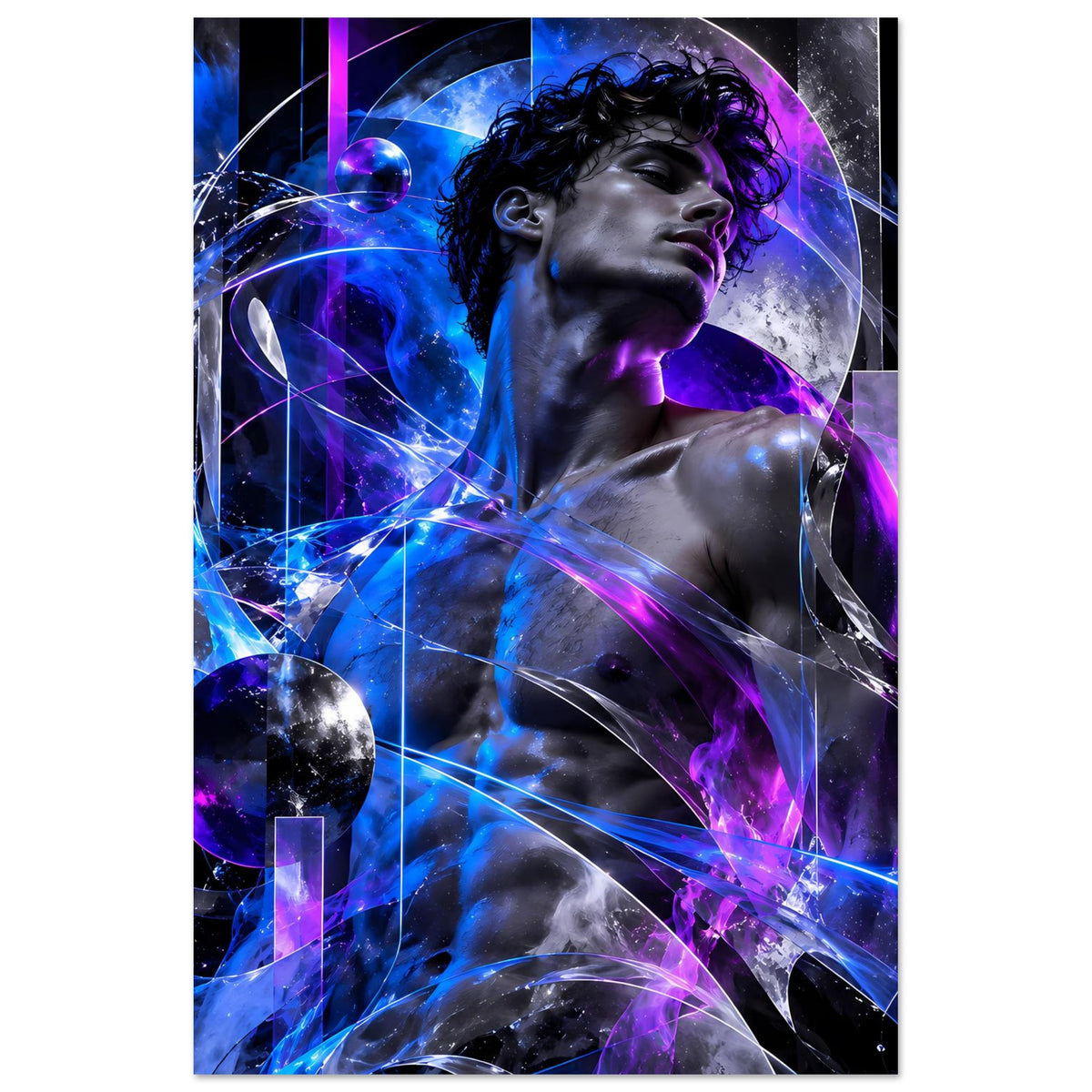 Futuristisches Poster mit kosmischer Energie: Kopf und Oberkörper zwischen blauen und violetten Lichtlinien