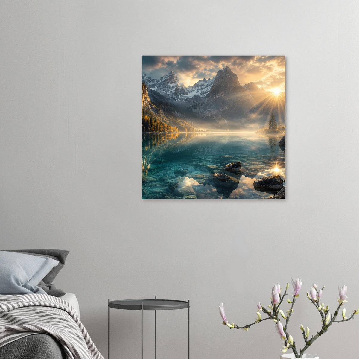 Kleines Poster mit Bergsee-Landschaft, Sonnenstrahlen und Felsen im Vordergrund