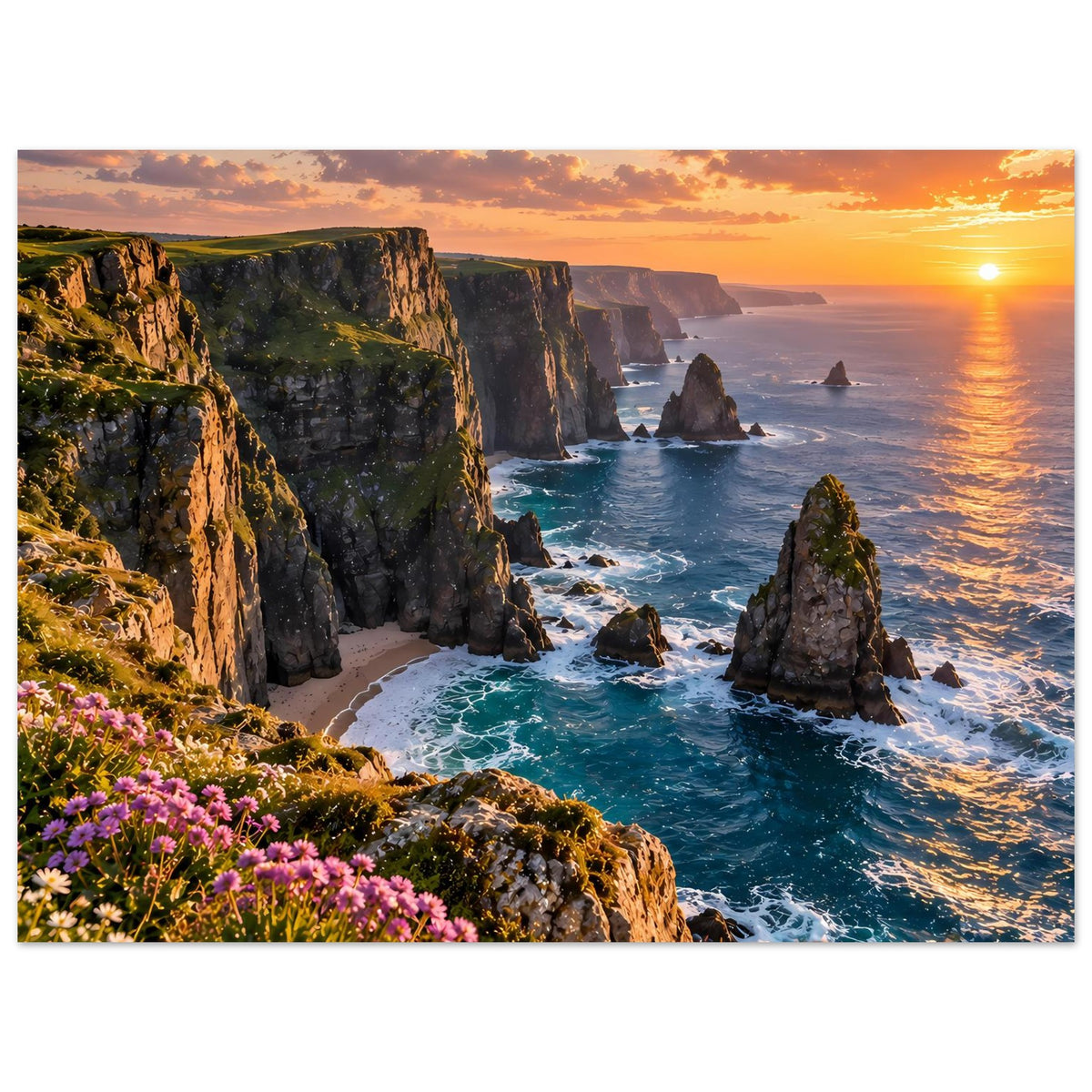 Horizontales Poster: Sonnenuntergang an der Steilküste, Meer mit Felsen und pinken Blüten