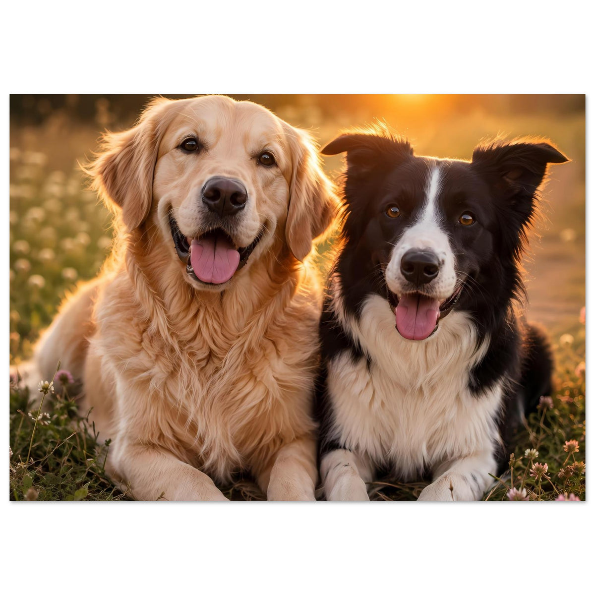 Poster mit zwei Hunde-Porträts: gelber und schwarzer Hund, nahes Sitzen nebeneinander