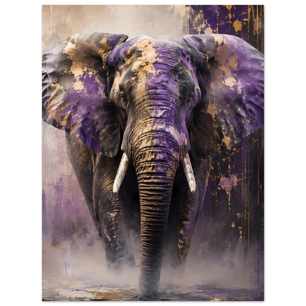 Abstraktes Elefantenposter im Hochformat: lila Elefant mit Stoßzahn, flächigen Farbspritzern.