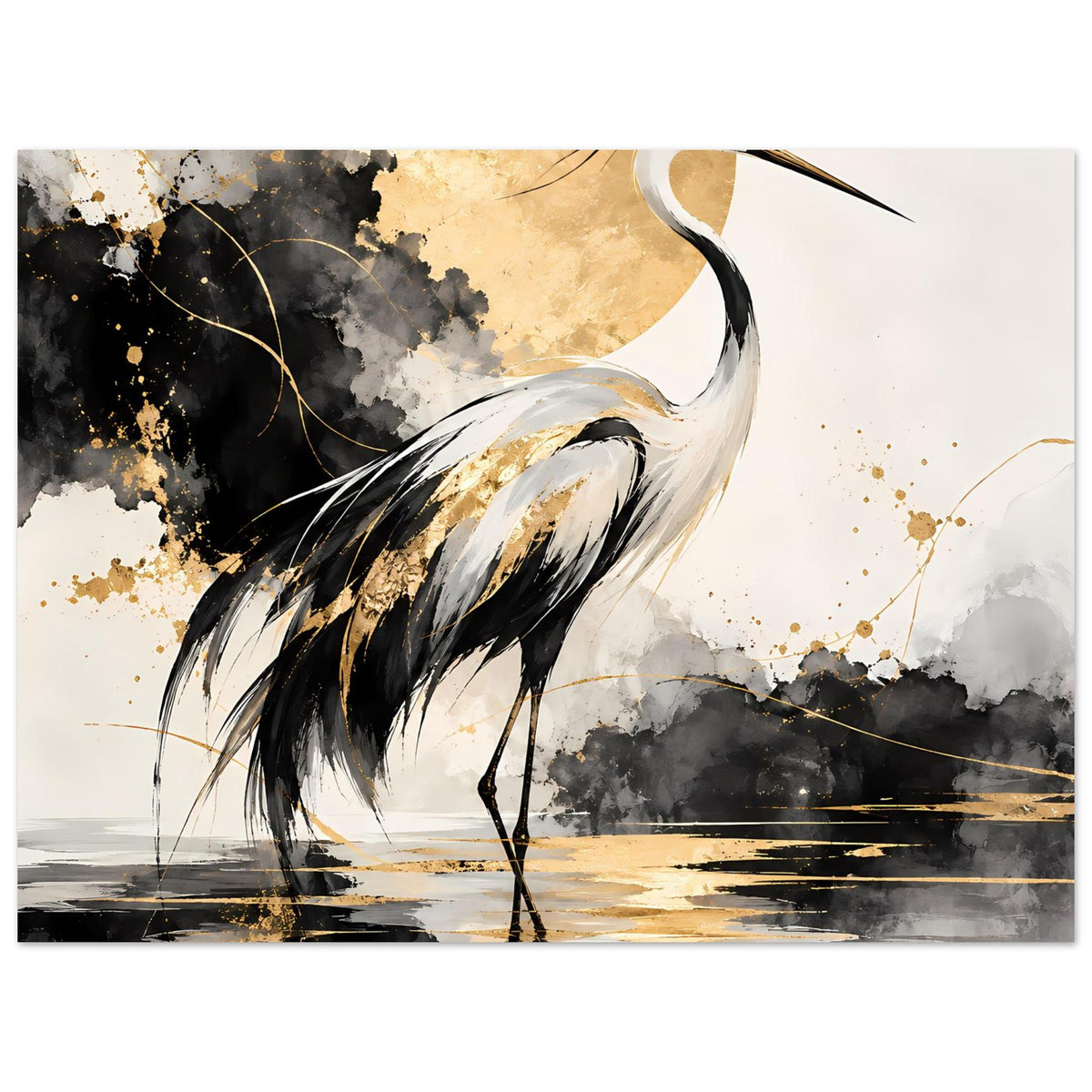 Vogelposter mit Kranich in Schwarz und Gold, Fokus auf Körper und leicht seitlicher Haltung.