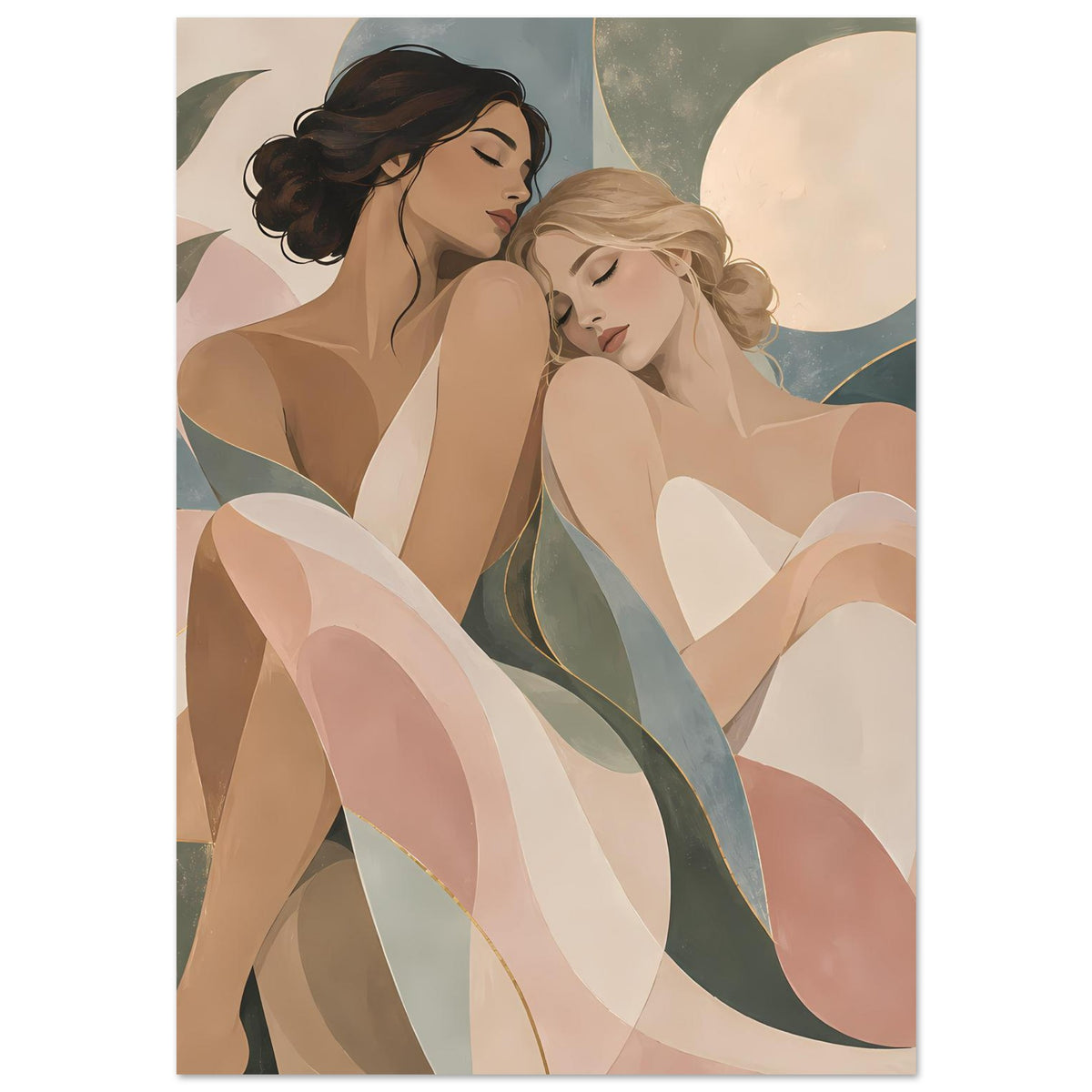 Kunstposter mit zwei Frauenprofilen, fließenden Formen in Pastell und goldenen Konturen