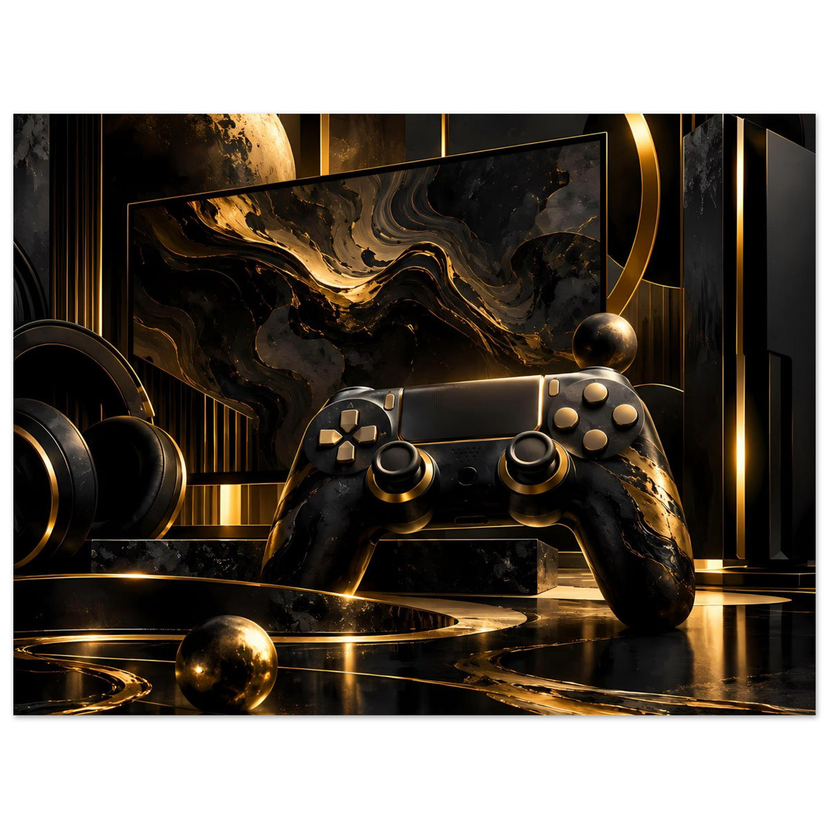 Gamingposter: Gamecontroller in Schwarz & Gold, abstrakte Szene mit Planet und goldener Kugel