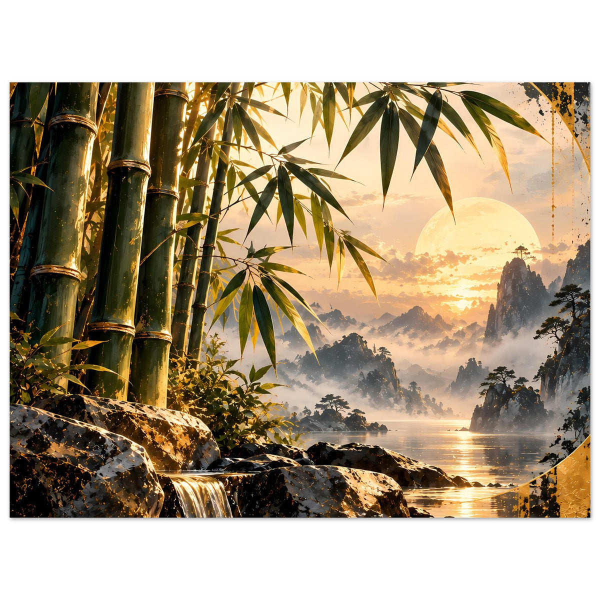 Kunstposter mit Bambus, Wasserfall und Sonnenuntergang über nebligen Bergen