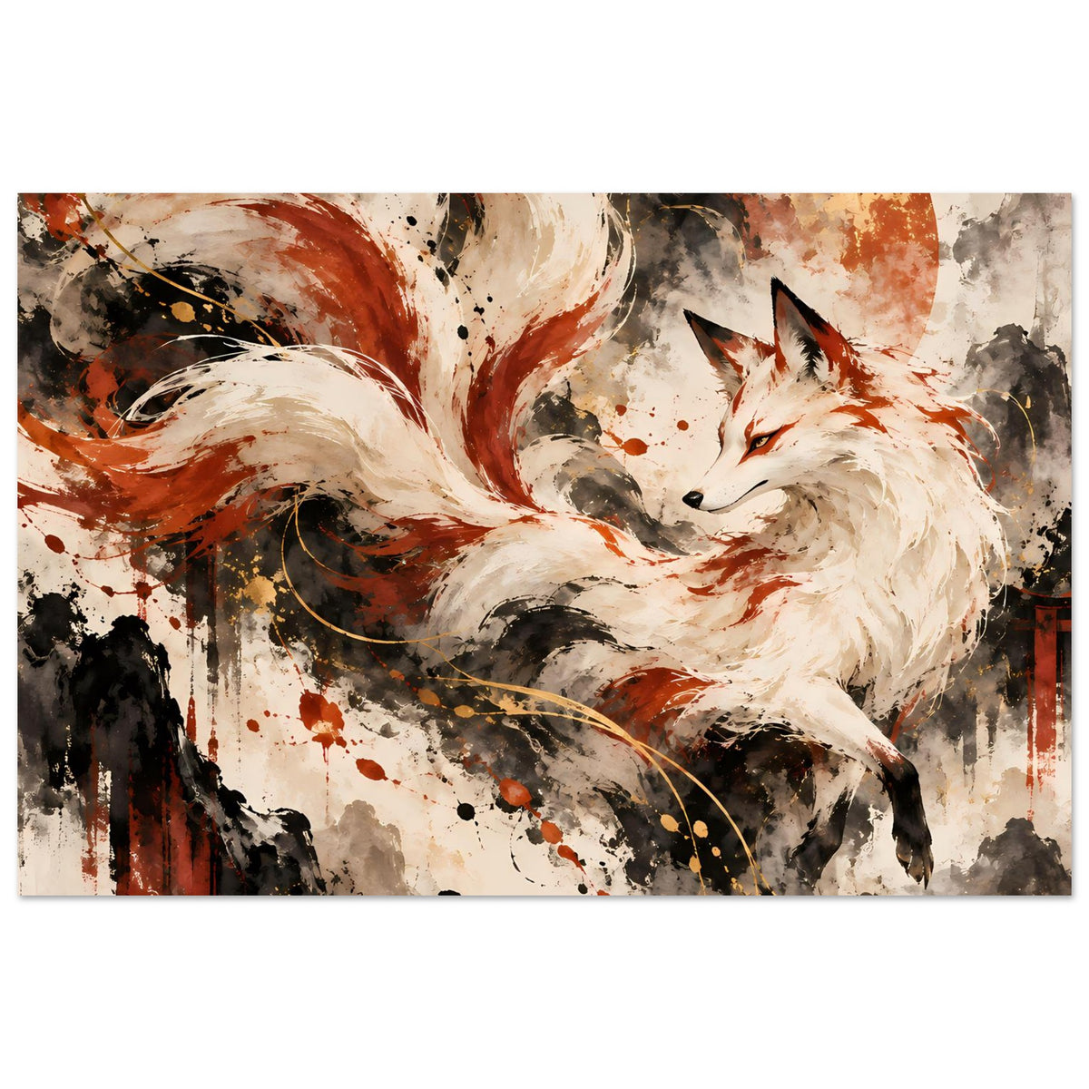 Fantasy-Poster: weißer Fuchs im Flugstil, rote Wirbel und schwarze Farbflächen