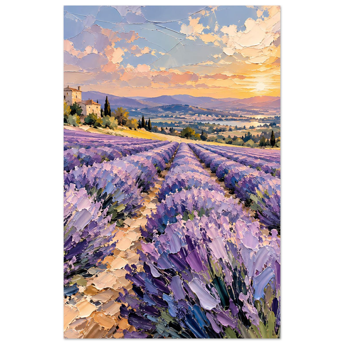 Vertikales Poster mit Lavendelfeld und Sonnenuntergang über weiten Landschaftshügeln.