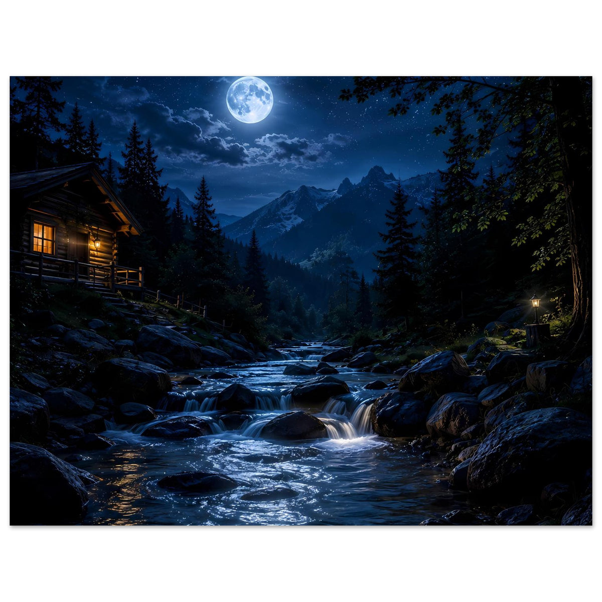 Horizontales Poster: Mondschein über Berglandschaft, Bachlauf und Hütte