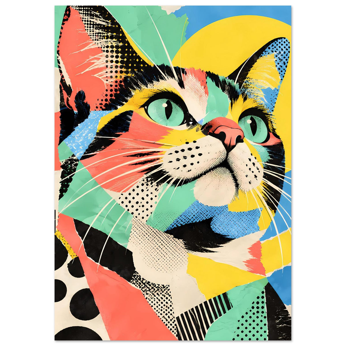 Vertikales Pop-Art-Katzenposter mit buntem Gesicht, Grafik-Details und gelbem Hintergrundkreis