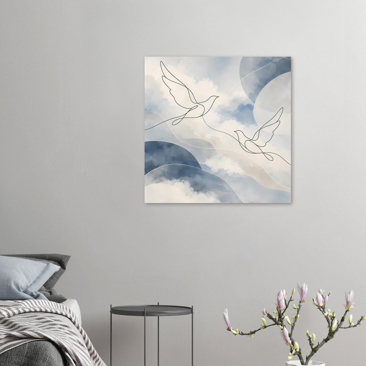 Kleiner Kunstdruck: Taubenlinien über Blau-Grau-Wolken, passend für Wanddekoration