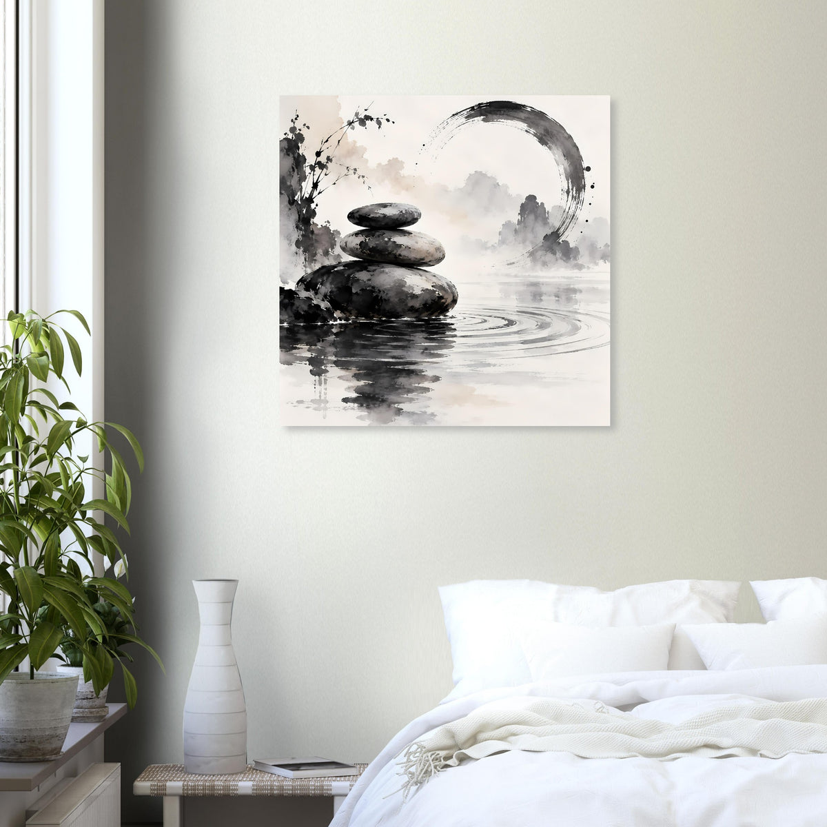 Zen-Balance Wandposter, quadratisch: schwarze Steinsäule mit Pfützenreflexion und Kreiswolken