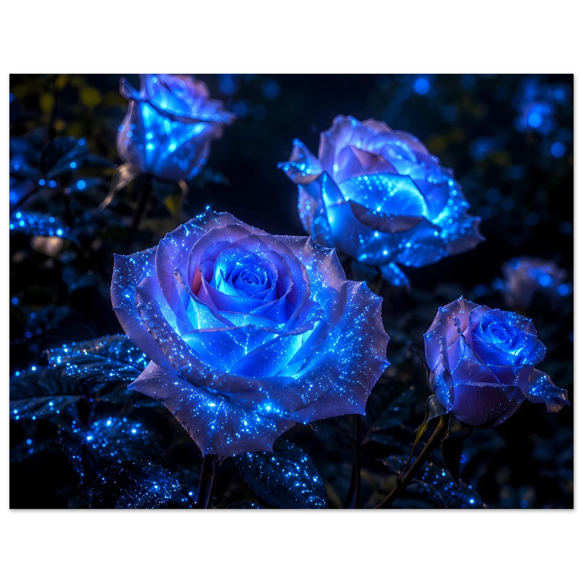 Poster mit leuchtenden blauen Rosen, kräftiger Leuchteffekt und glitzernde Lichtpunkte