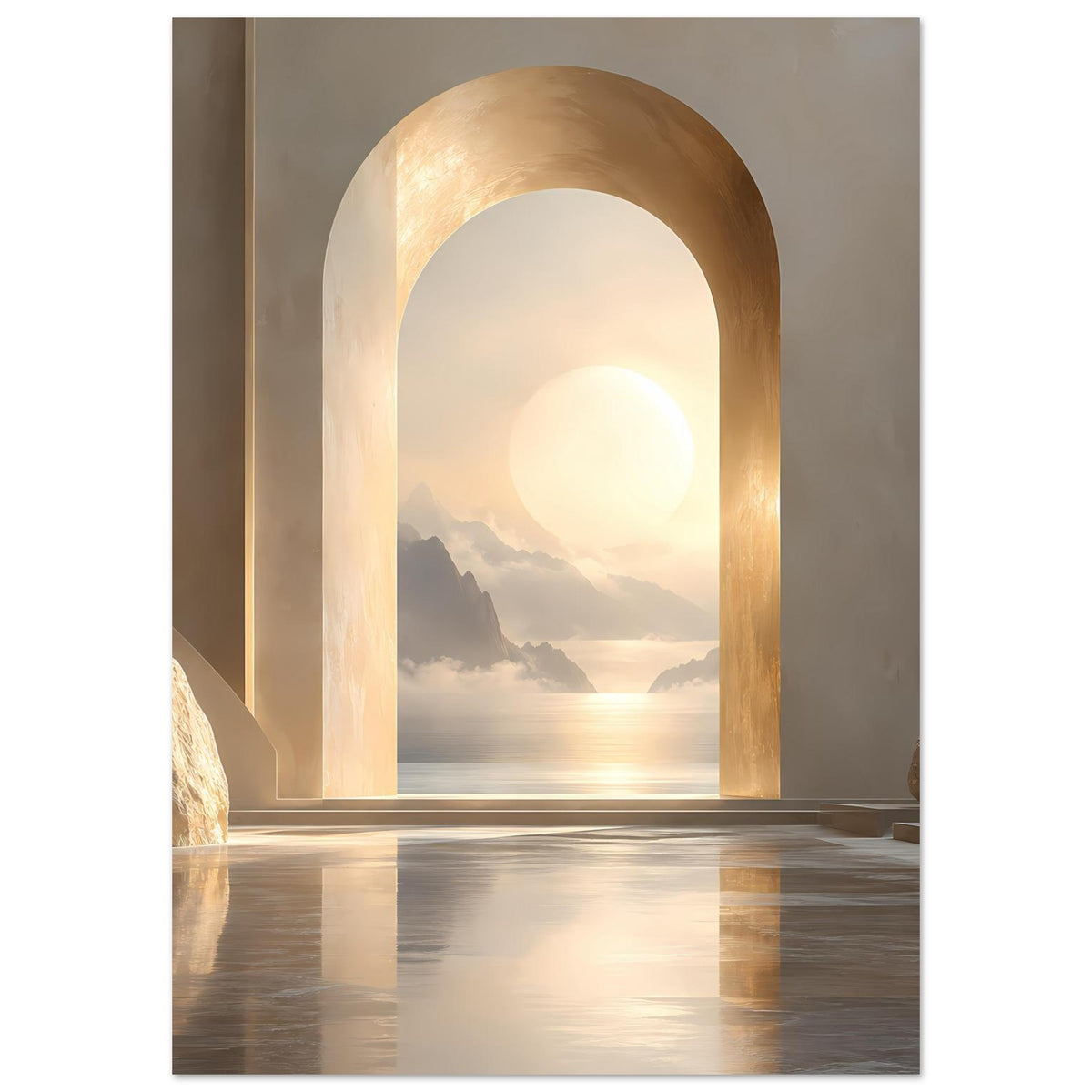 Vertikales Wandposter mit goldenem Rundbogen, großer Sonne, Meer und Spiegelung im Wasser