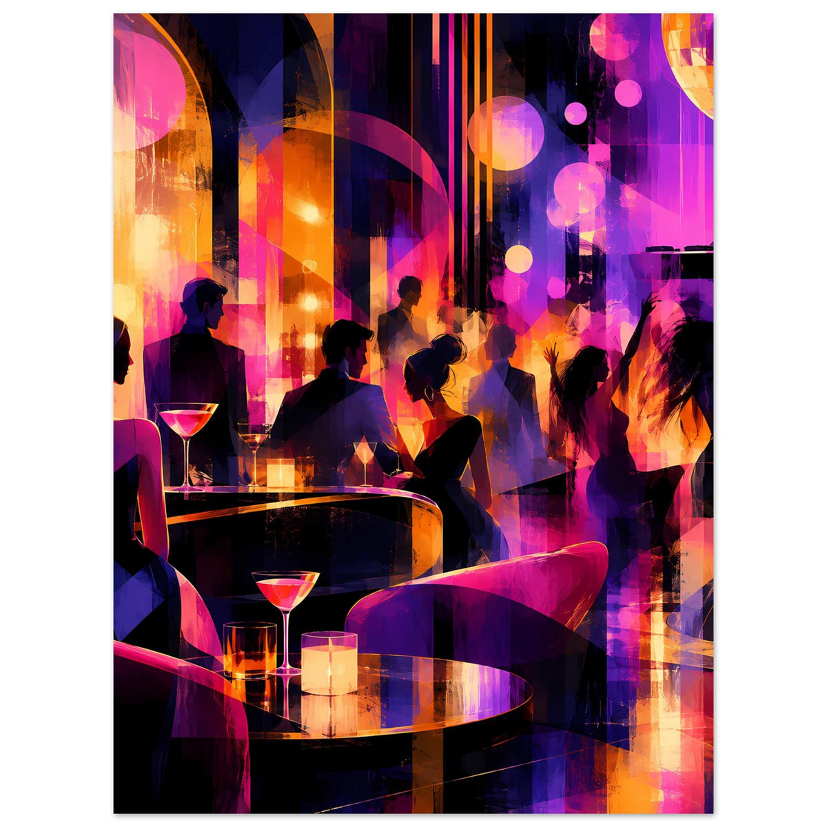Poster im Hochformat mit Bar-Szene: Silhouetten am Tresen, Cocktailgläser, bunte Lichtreflexe