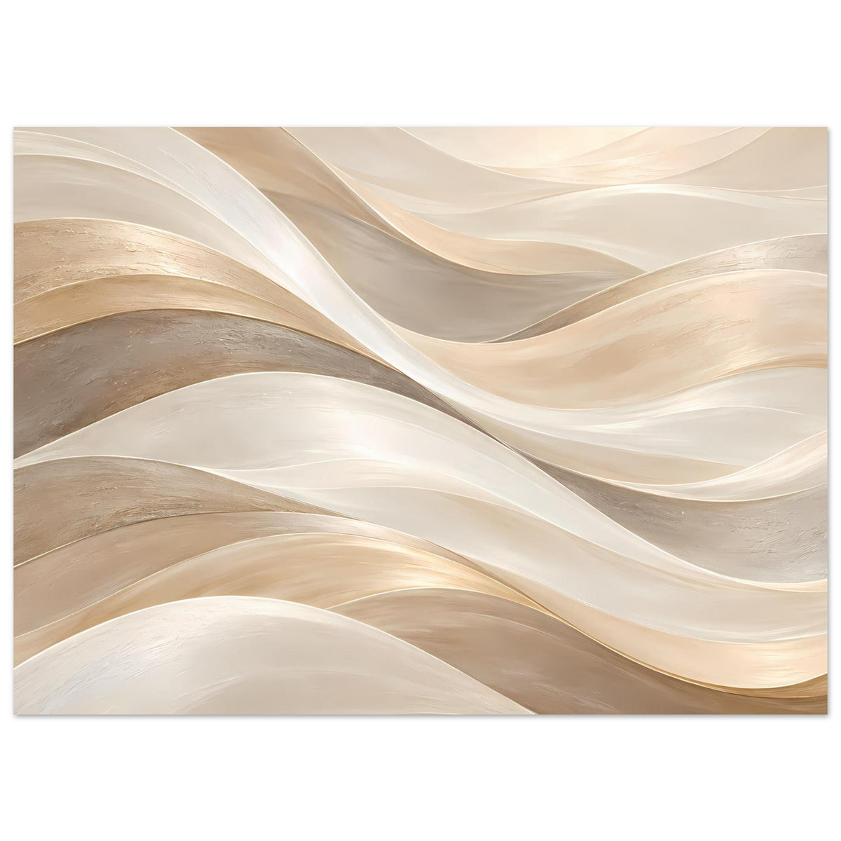 Kunstposter im Querformat mit fließenden Wellen in Creme und Goldtönen, gerahmt