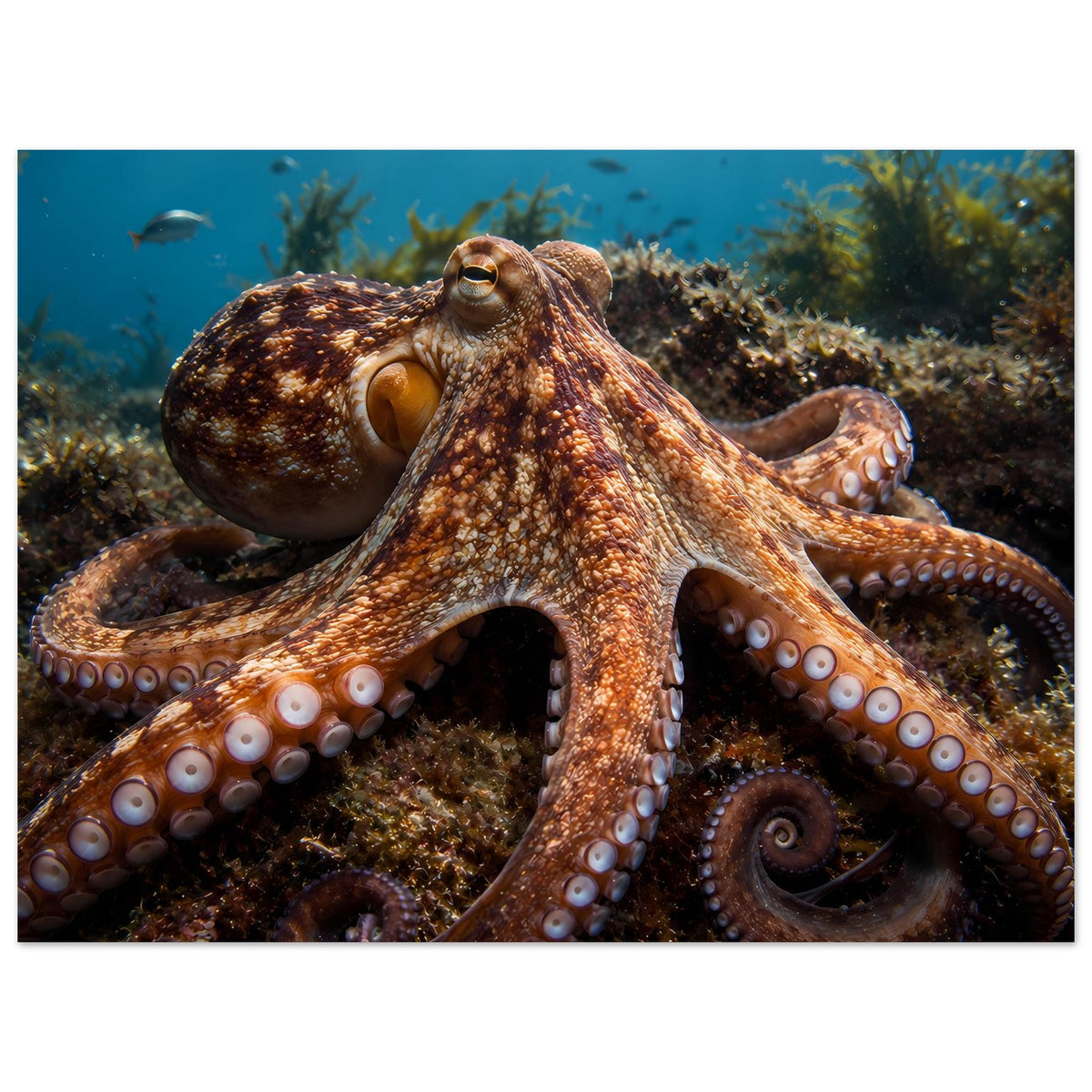 Kunstdruck: Oktopus im Aquariummotiv, braune Tentakel mit Saugnäpfen und Sprenkelstruktur