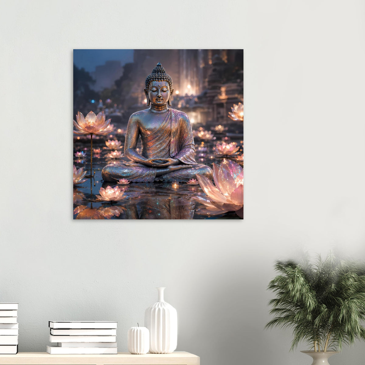 Meditationsposter mit sitzendem Buddha vor leuchtenden Lotusblüten, quadratisch gerahmt