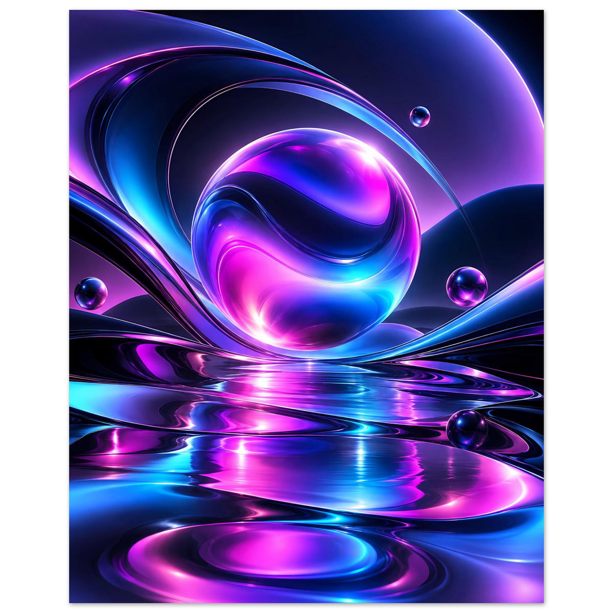 Abstraktes Neon-Poster: gebogene Lichtlinien in Blau und Violett mit Kugeln und Reflexionen