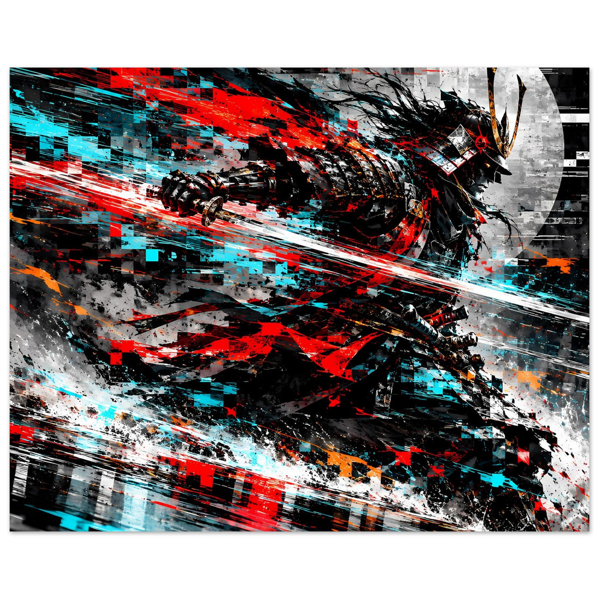 Wandposter im Querformat mit Samurai-Actionmotiv, rote Kanten, cyanfarbene Streifen, Detailreiche Grafik.