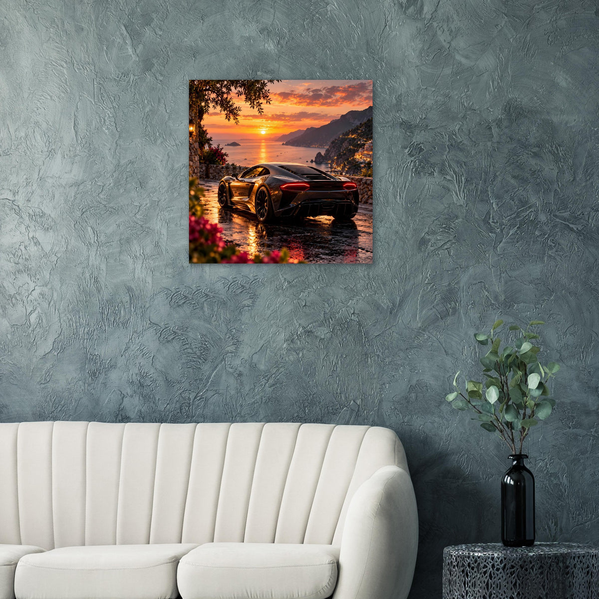 Kunstdruck Poster mit Sportwagen bei Sonnenuntergang und Bergkulisse, quadratischer Rahmen