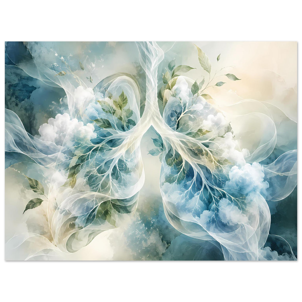 Horizontales Surreales Anatomie-Poster mit Lungenformen in Blau und Grün sowie Blättern