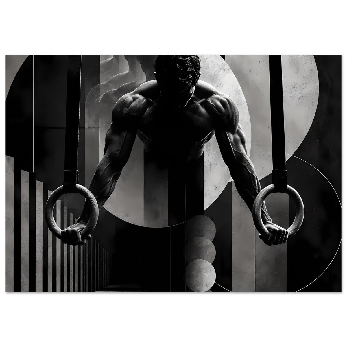Gymnastik-Poster Schwarzweiß: Athlet in dynamischer Pose, Turnringe links und rechts