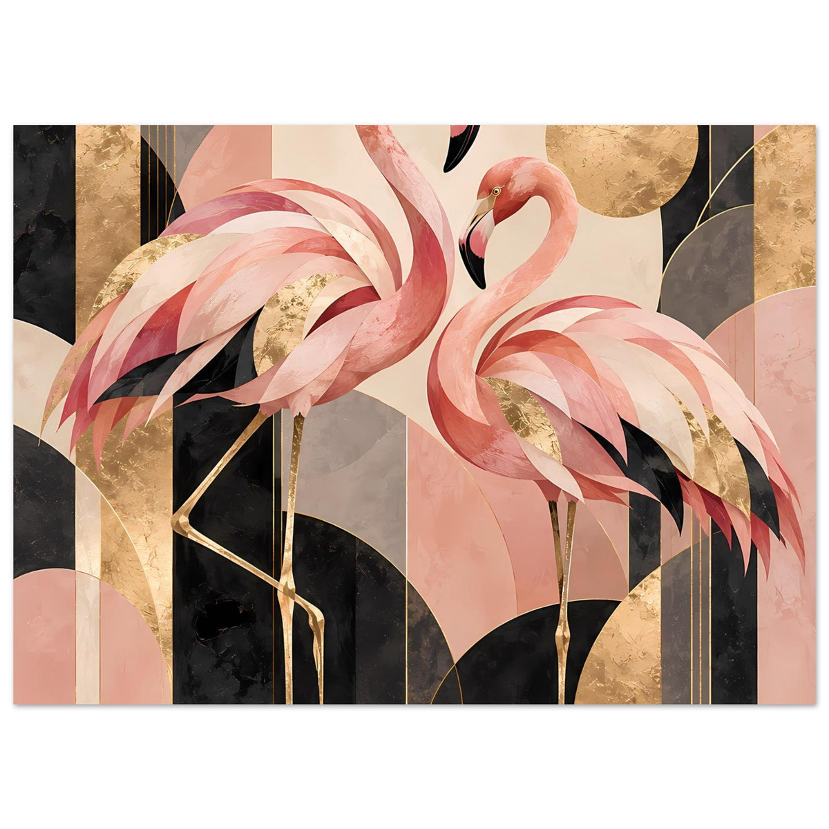 Zwei rosa Flamingos vor geometrischem Hintergrund mit Goldakzenten in Schwarz und Creme – Posteransicht 45