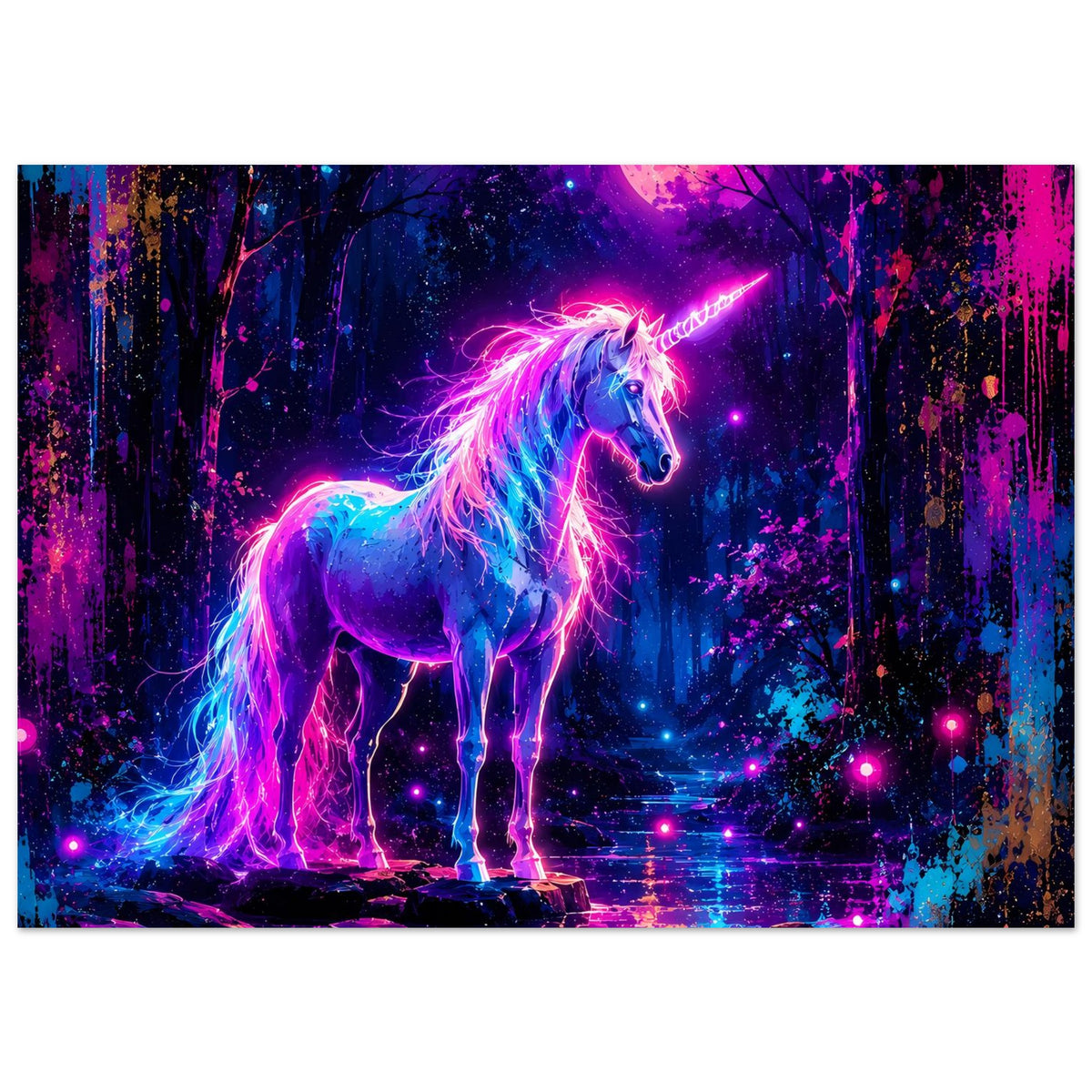 Neon-Einhorn-Poster, leuchtendes Einhorn im Zauberwald unter Vollmond, im Querformat.