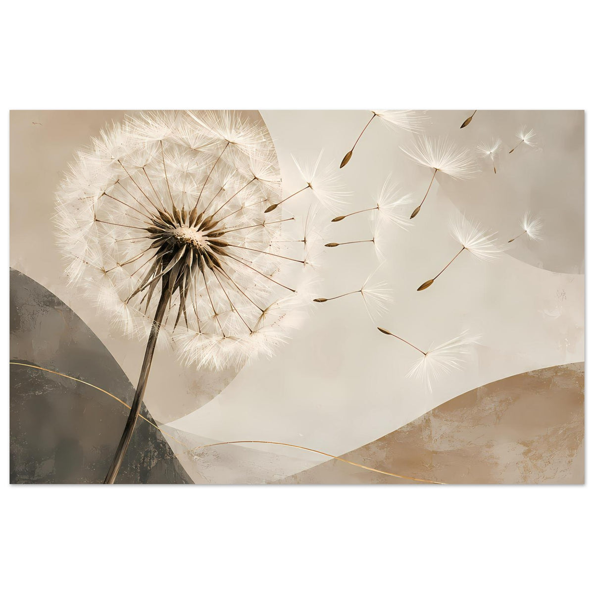 Poster im Querformat mit Pusteblume, beige-grauen Formen und weißen Samenflocken