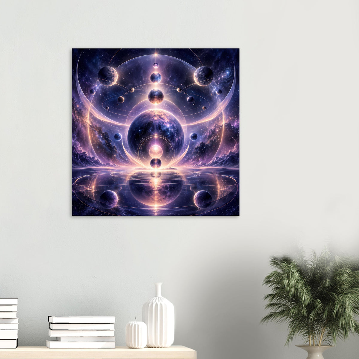 Quadratisches Poster mit kosmischer, symmetrischer Mandala-Illu in Blau und Lila.