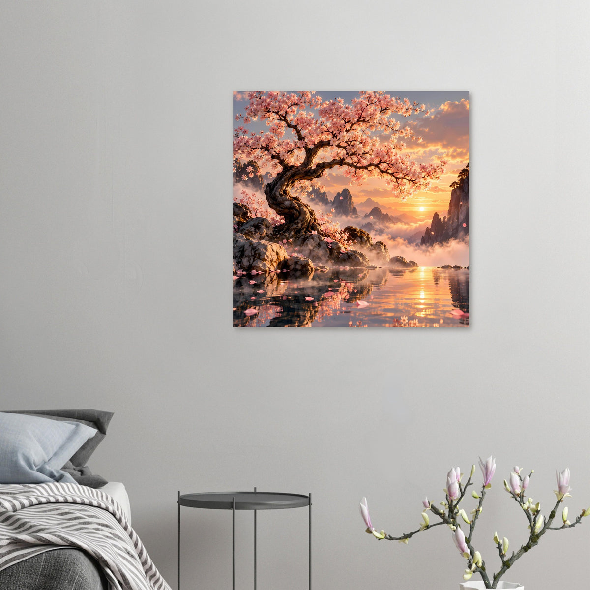 Quadratisches Poster mit Kirschbaumblüten, Felsen am Wasser und Abendsonne im Hintergrund