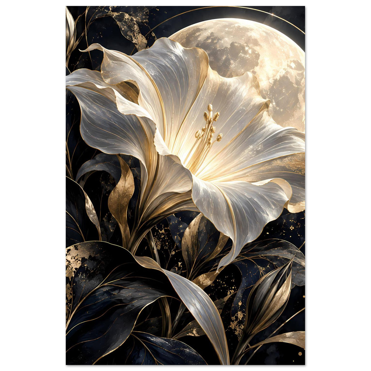 Vertikales Poster mit weiß-goldener Blüte, dunklen Blättern und hellem Mondmotiv