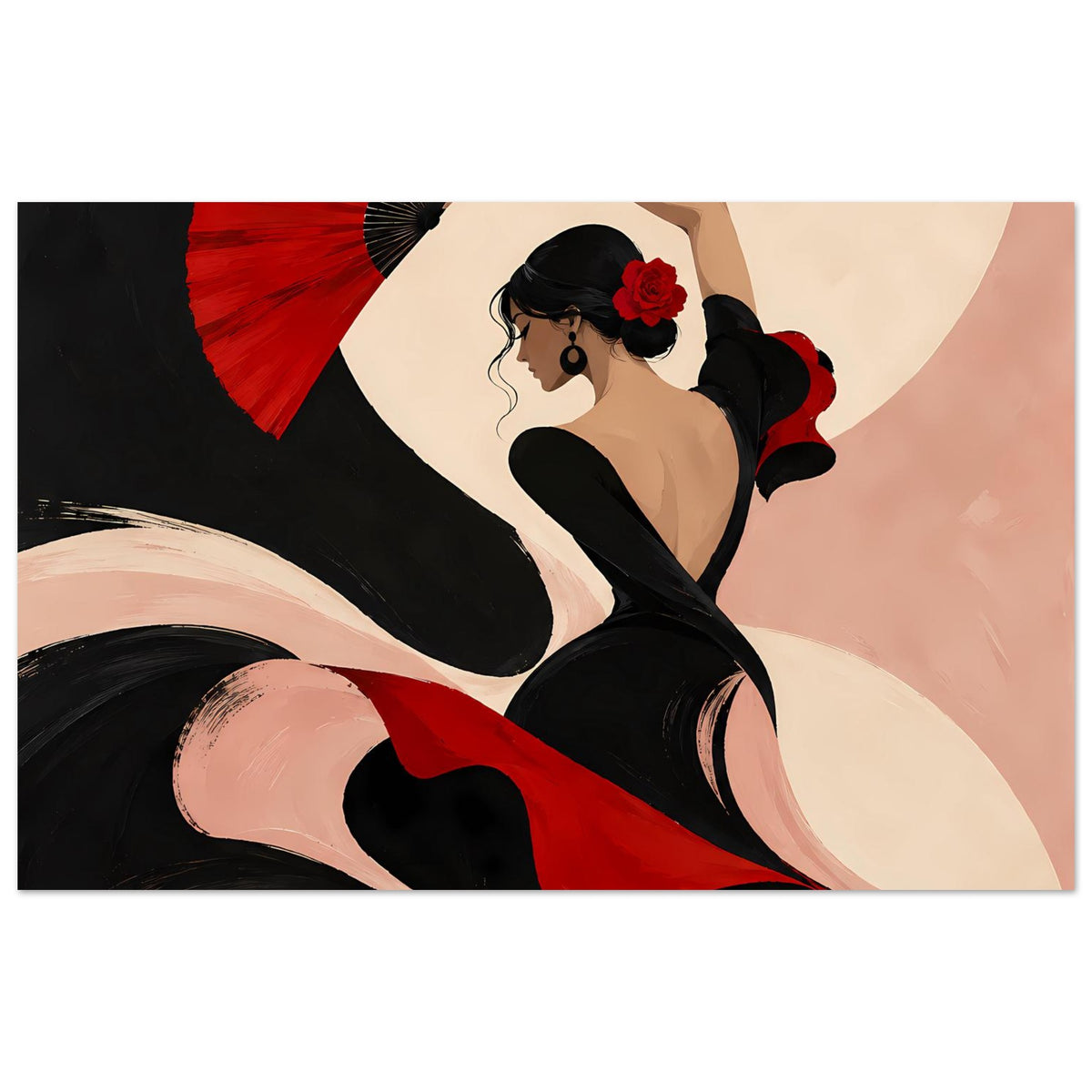 Poster einer Flamenco-Tänzerin in Schwarz und Rot mit rotem Fächer und Blume im Haar.