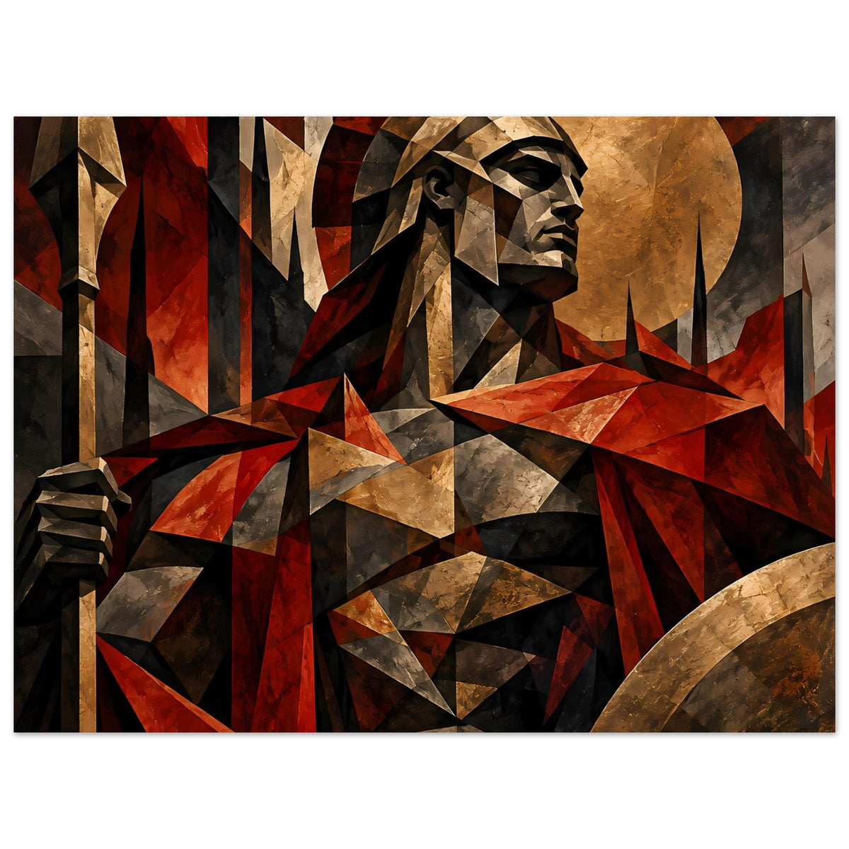 Poster im Querformat: Spartanerkrieger in Rot und Gold, geometrische Facetten, Nahansicht.