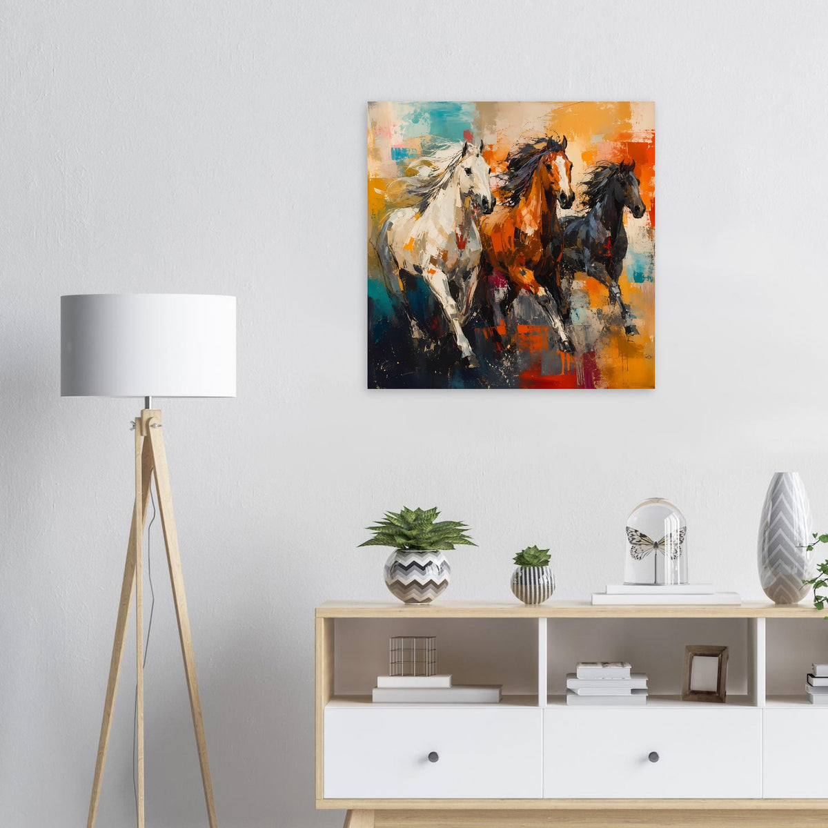 Poster mit drei galoppierenden Pferden, abstrakt in Orange, Blau und Dunkeltönen