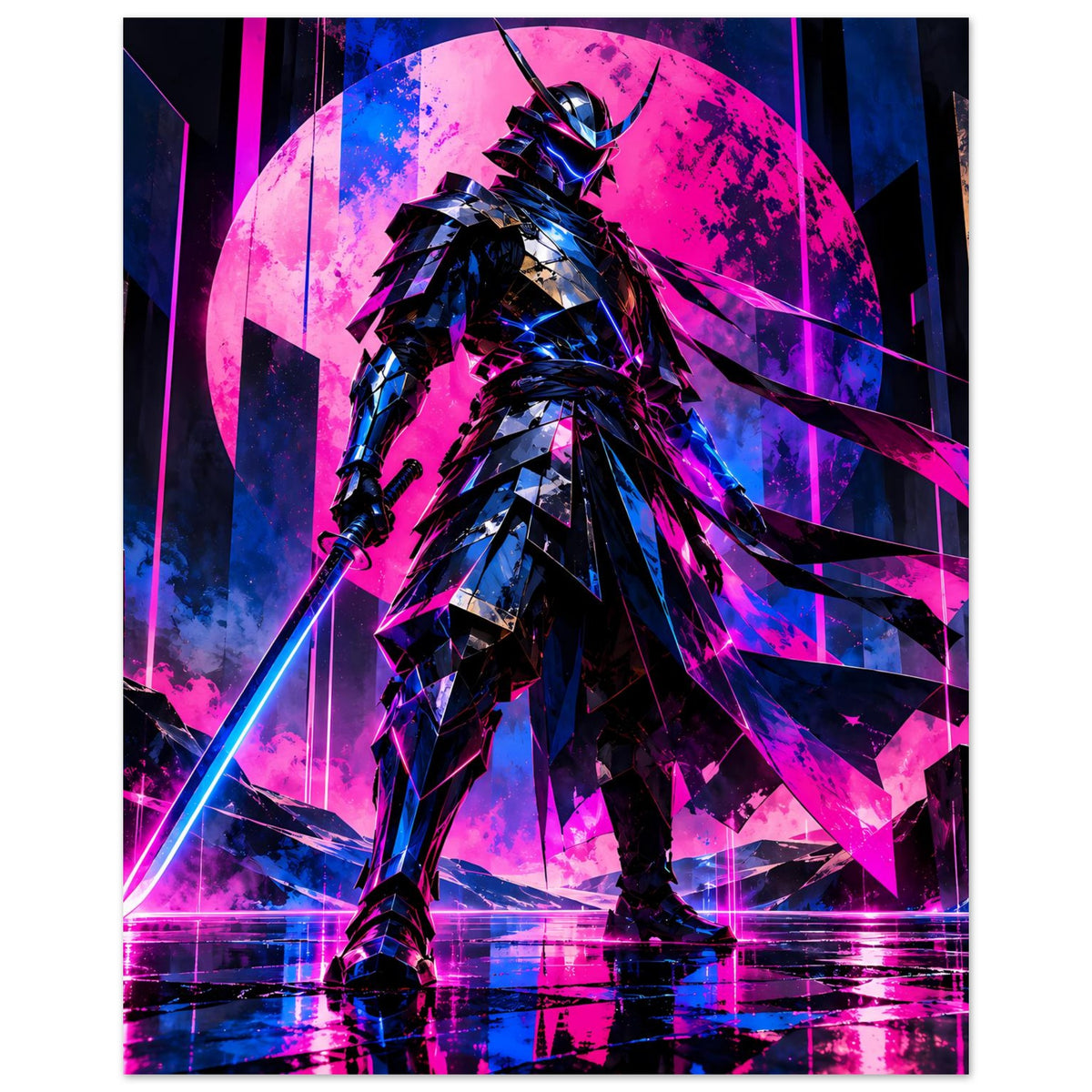 Neon-Cyberpunk-Poster (hochkant): Krieger in Pink-Blau, Schwert und leuchtende Neonlinien
