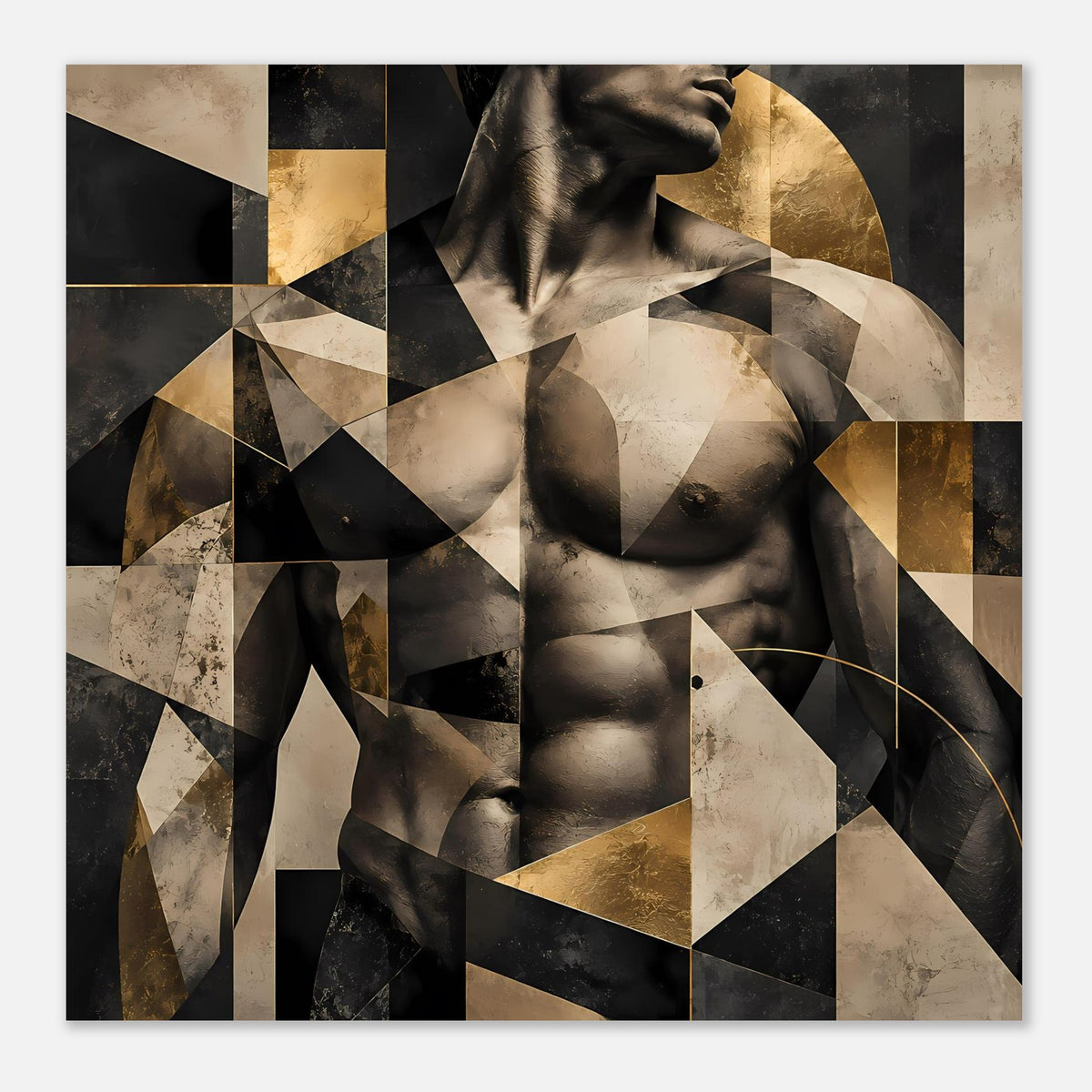 Gerahmtes abstraktes Akt-Poster mit geometrischen Flächen in Schwarz, Beige und Gold
