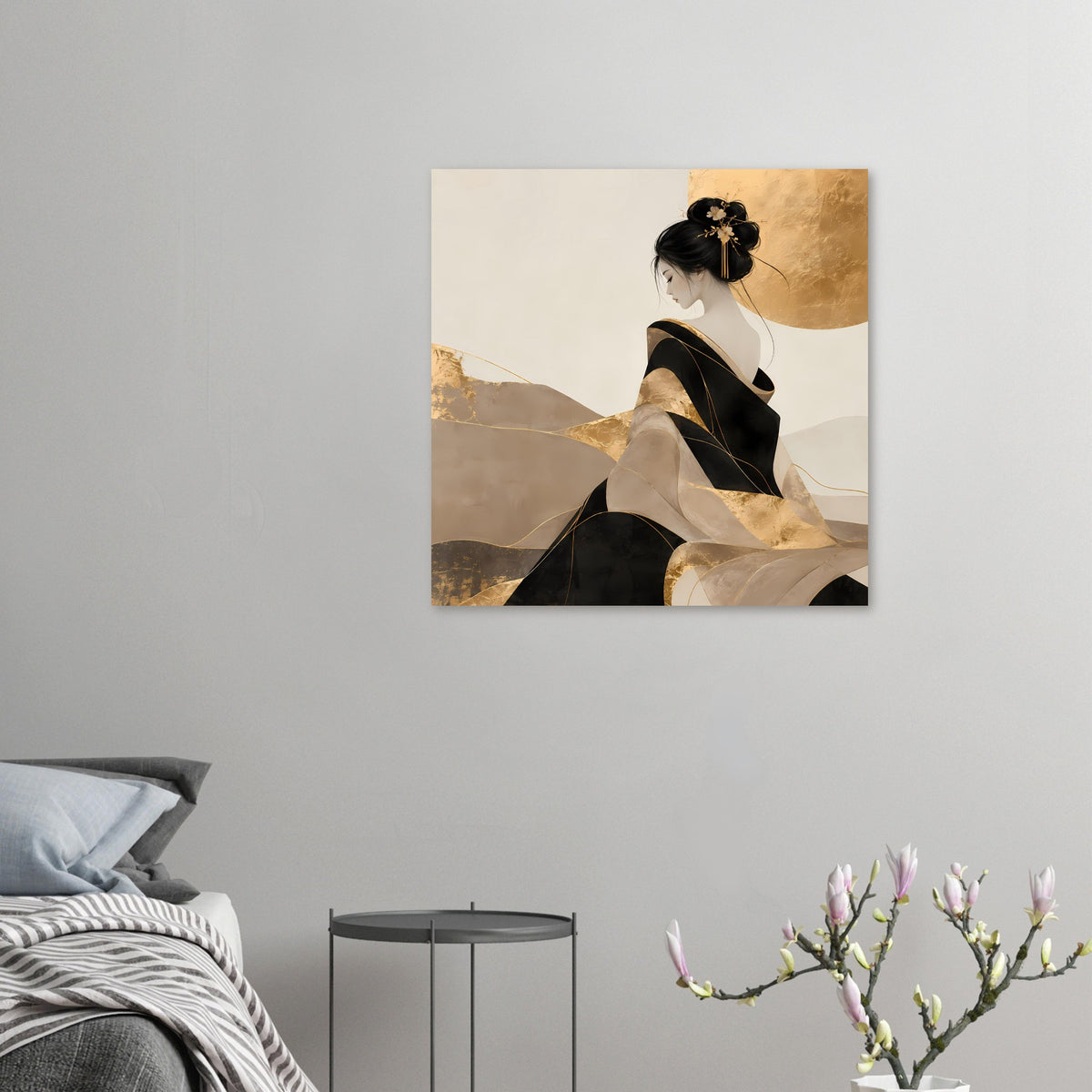 Elegantes Kunstposter: kompakte Ansicht der Frau in Schwarz mit goldenen Akzenten