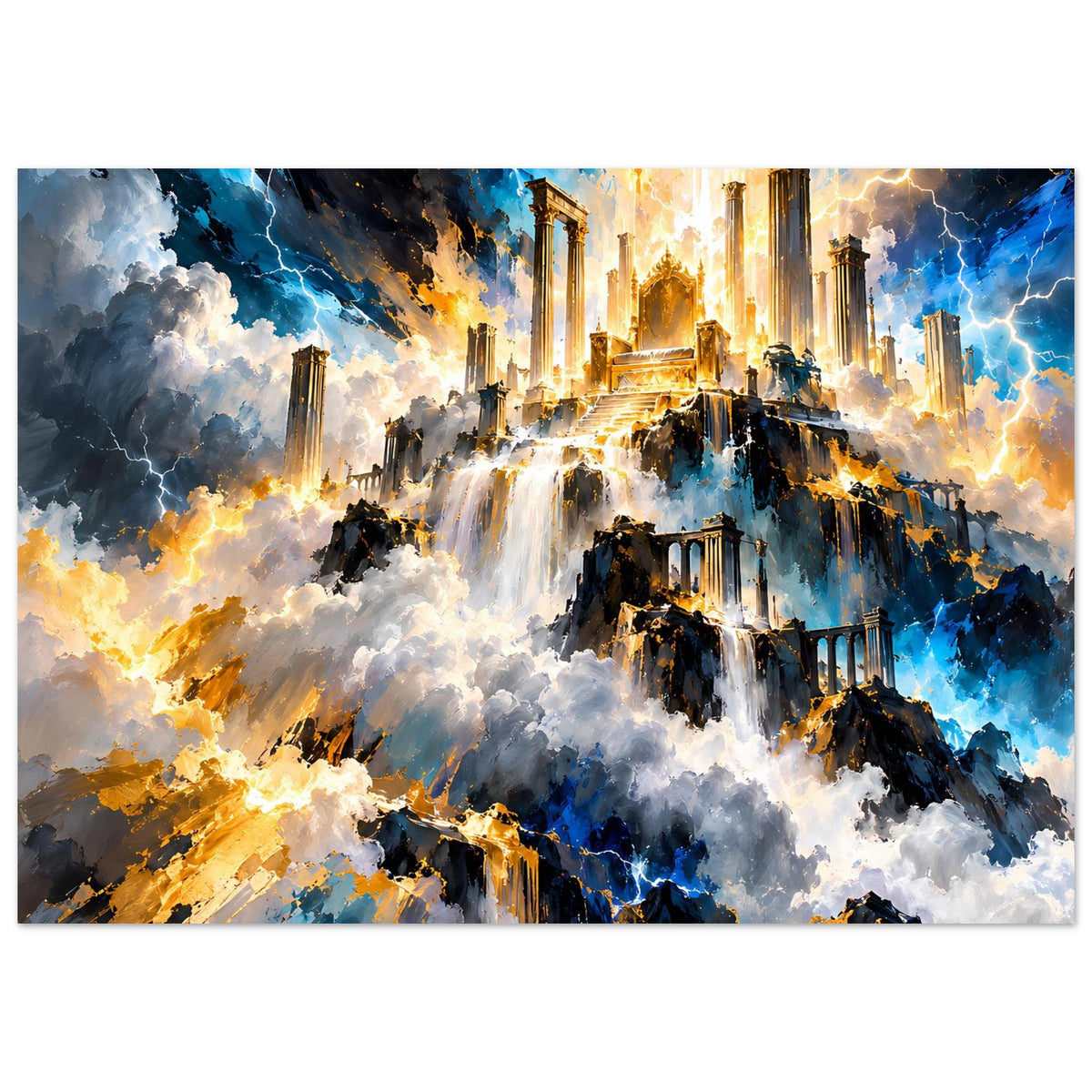 Fantasy-Poster querformat: Säulenbau über Wolken, strahlendes Licht, blaue und goldene Akzente