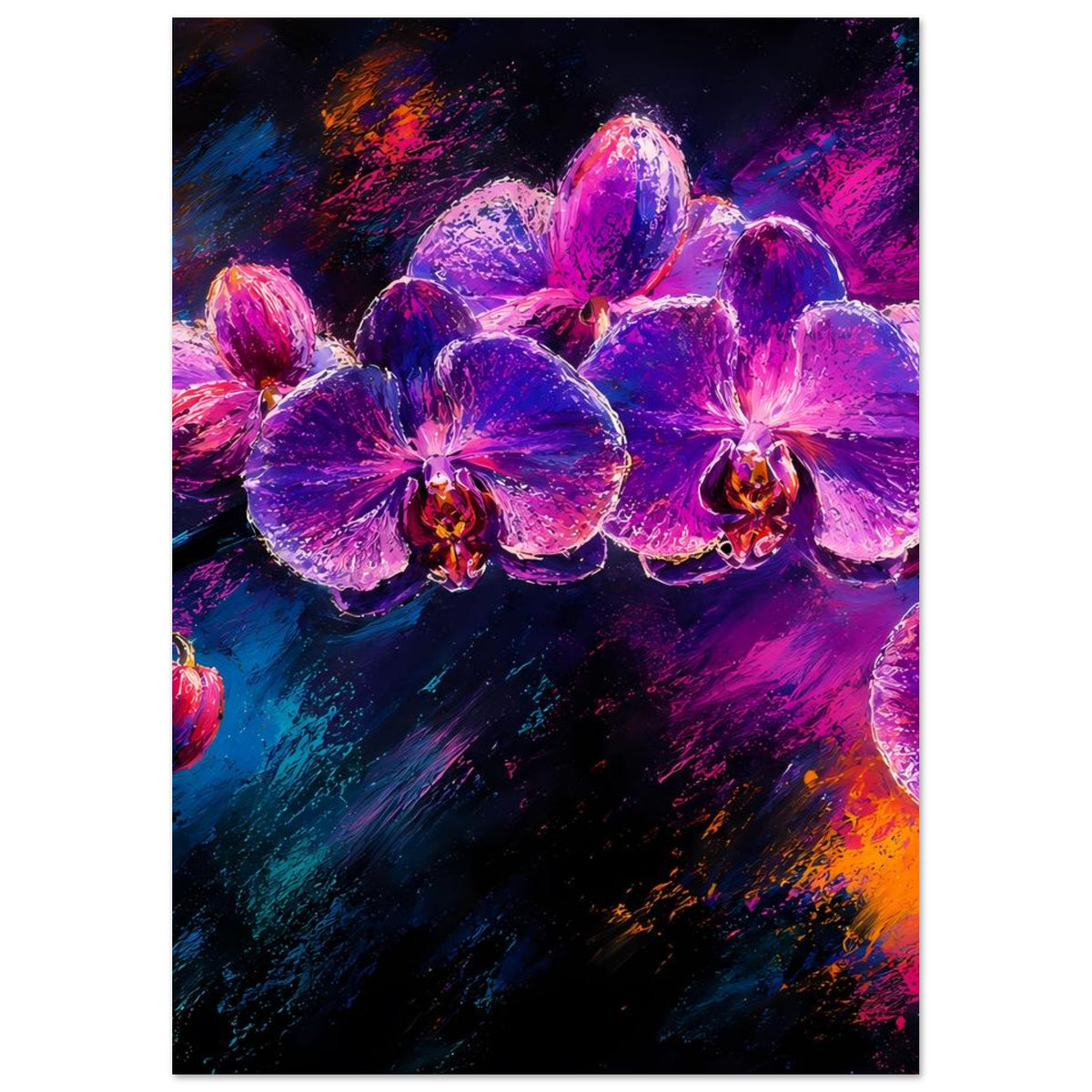 Vertikales Poster im Rahmen mit violetten Orchideenblüten und leuchtend pinkem Farbverlauf