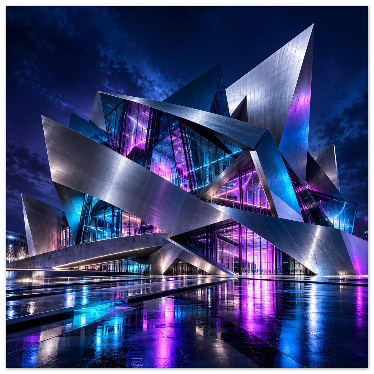 Futuristisches Architekturplakat mit silbernen Stahlträgern und blau-violetten Neonlichtern
