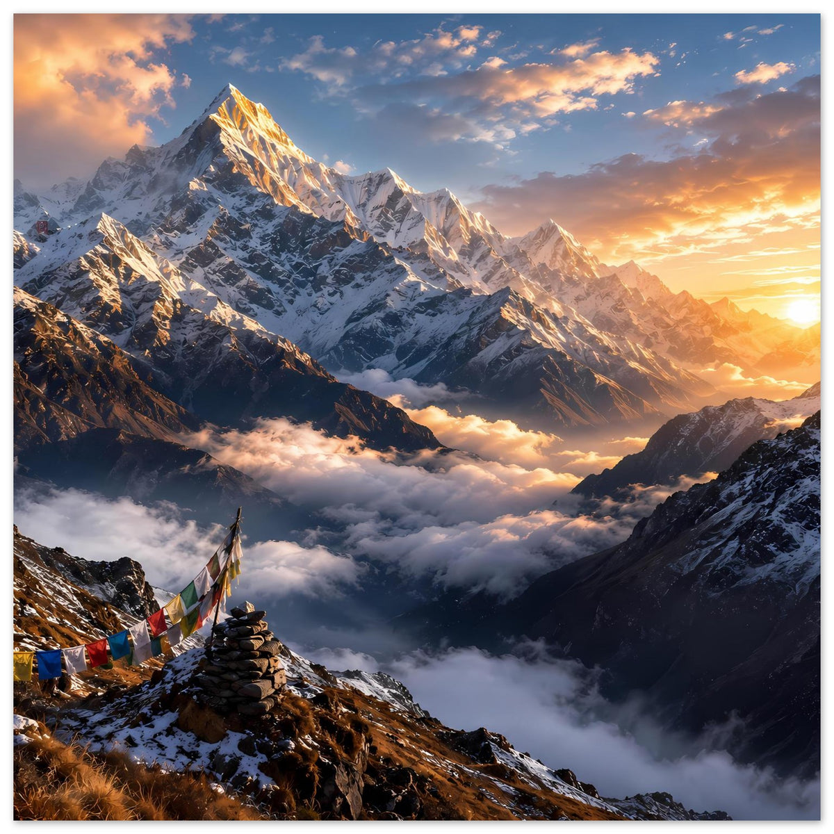 Bergposter mit Sonnenaufgang über schneebedeckten Gipfeln und Gebetsfahnen links