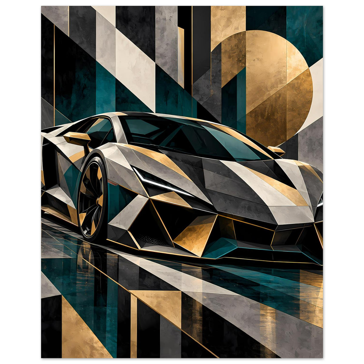 Sportwagen-Poster: Luxus-Sportwagen in Silber, Schwarz und Gold, Petrol getönt