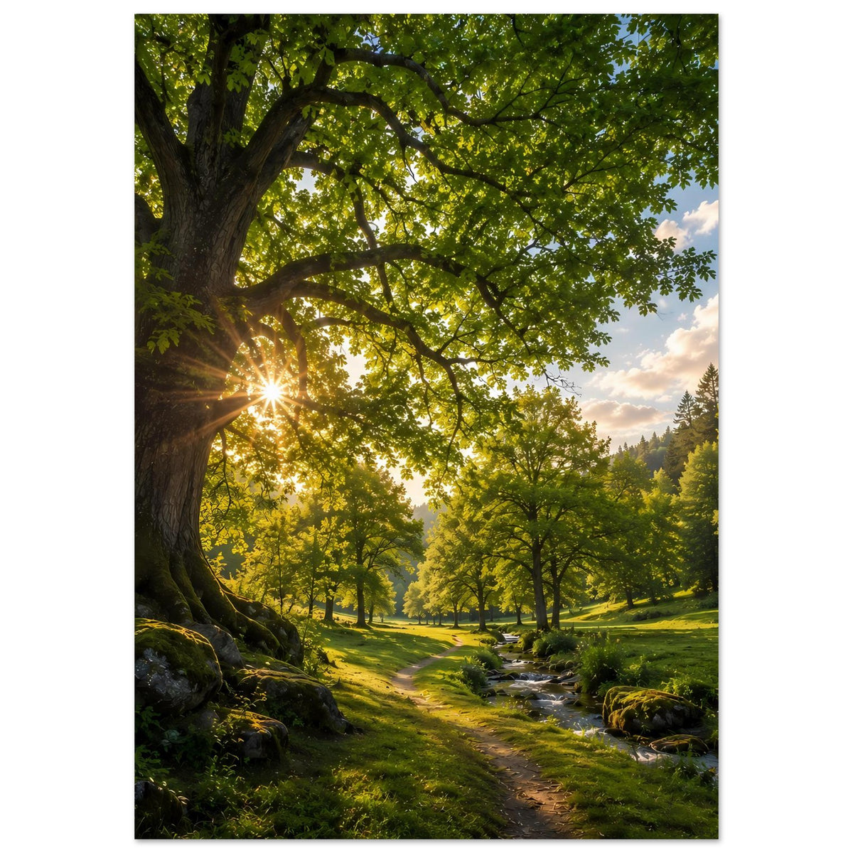 Poster im Hochformat: Waldpfad, Bach am Rand, Sonnenlicht zwischen dichtem Grün