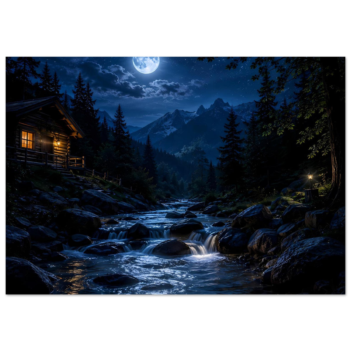 Querformat-Poster: Mond über Gebirge, Bachlauf mit Steinen und Hüttenlicht