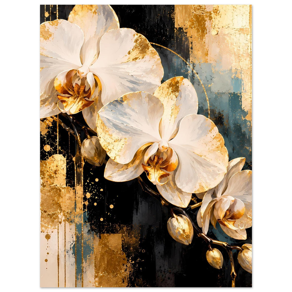 Poster mit weißen Orchideenblüten und goldenen Akzenten, abstraktes Blumenmotiv