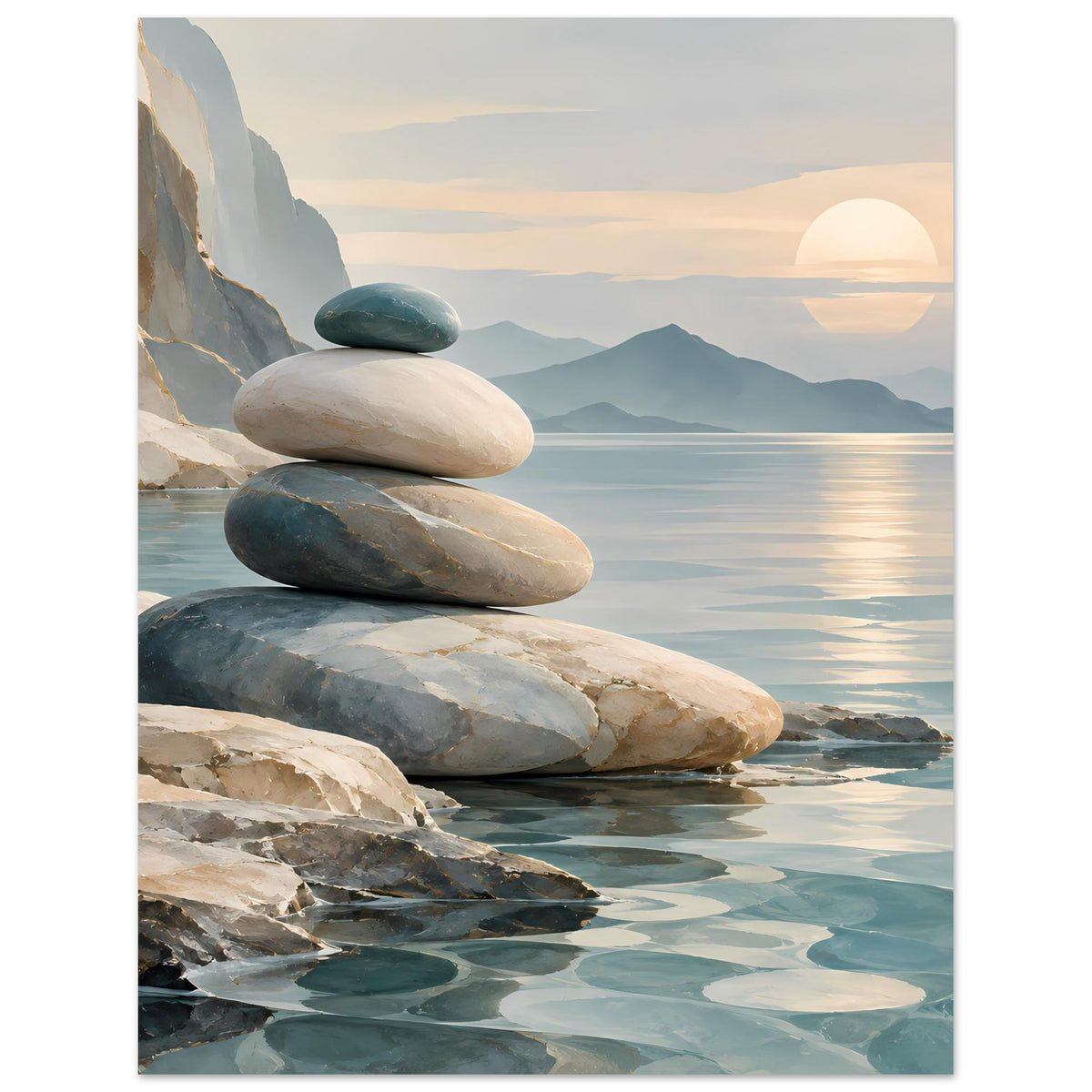 Wandposter mit Steinstapel am ruhigen Wasser, sanfte Blau‑ und Cremetöne